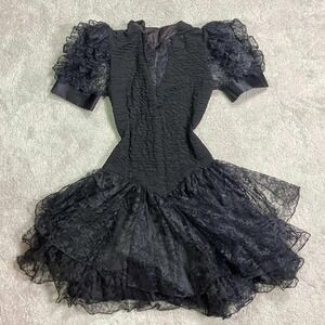 Vintage 80s Nuance Black Lace Mini Dress Puff Sleeve Ruffle Goth Dark Size 7